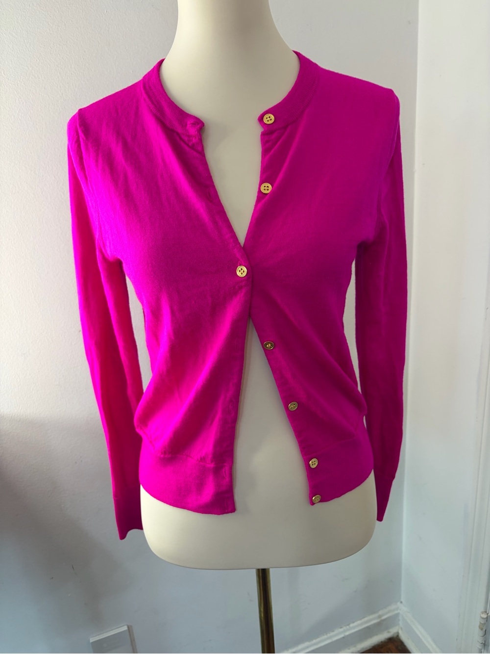 J. Crew Bright Fuchsia gold Button-Front 90s Merino Wool Cardigan